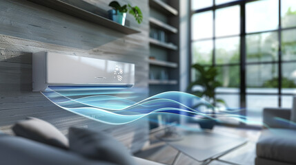 3D rendering of an air conditioner with blue waves of a fresh breeze flowing in a modern living room interior background, a cool and fresh concept for home comfort