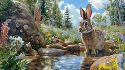 Portrait of a wild rabbit sitting by a small pond in a blooming meadow, surrounded by colorful wildflowers.