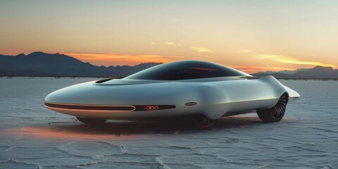 Fototapeta premium World UFO Day, UFO-inspired electric car, mystery, technology, HD wallpapers, backgrounds, generated by AI. .Futuristic Electric Vehicle Design Inspired by UFO for World UFO Day