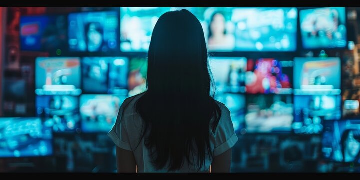 Woman seen from behind looking at a wall of television screens, each displaying a different scene