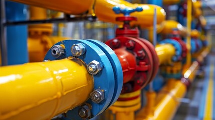 Industrial piping system with red, yellow and blue valves and pipes
