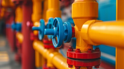 Industrial piping system with red, yellow and blue valves and pipes