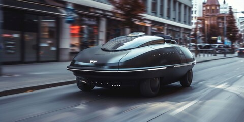 Obraz premium On World UFO Day, an electric car designed after UFOs was driving on busy urban streets. Its unique appearance and technological elements attracted a lot of attention. , mystery, technology, HD wallpa