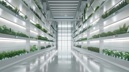 Industrial vertical farm with plants growing in white rectangular shelves for urban farming, smart agricultural technology concept