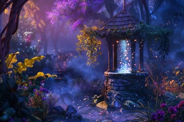 Wishing well in enchanted forest with colorful vegetation, purple mist and glowing lights