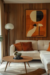 Cozy living room interior with couch, coffee table, lamp, and painting on wall for home decor and interior design ideas