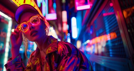 Fototapeta premium A young Caucasian woman poses in a neon-lit urban environment, showcasing contemporary fashion with a futuristic touch