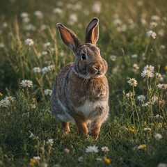 Obraz premium A peaceful scene of a rabbit hopping through a blooming meadow.