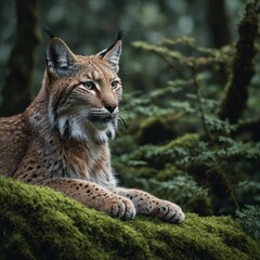 Obraz premium A beautiful scene of a lynx resting on a moss-covered rock.