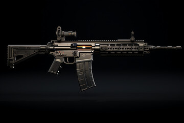 Modern assault rifle on a black background with reflection. Studio shot.