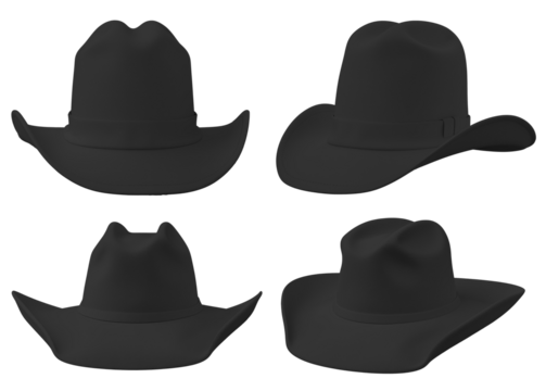 Four black cowboy hats from different angles