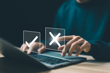 decisions check right and wrong. concept decide to choose vote. yes or no, business options for...