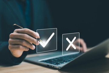 decisions check right and wrong. concept decide to choose vote. yes or no, business options for...