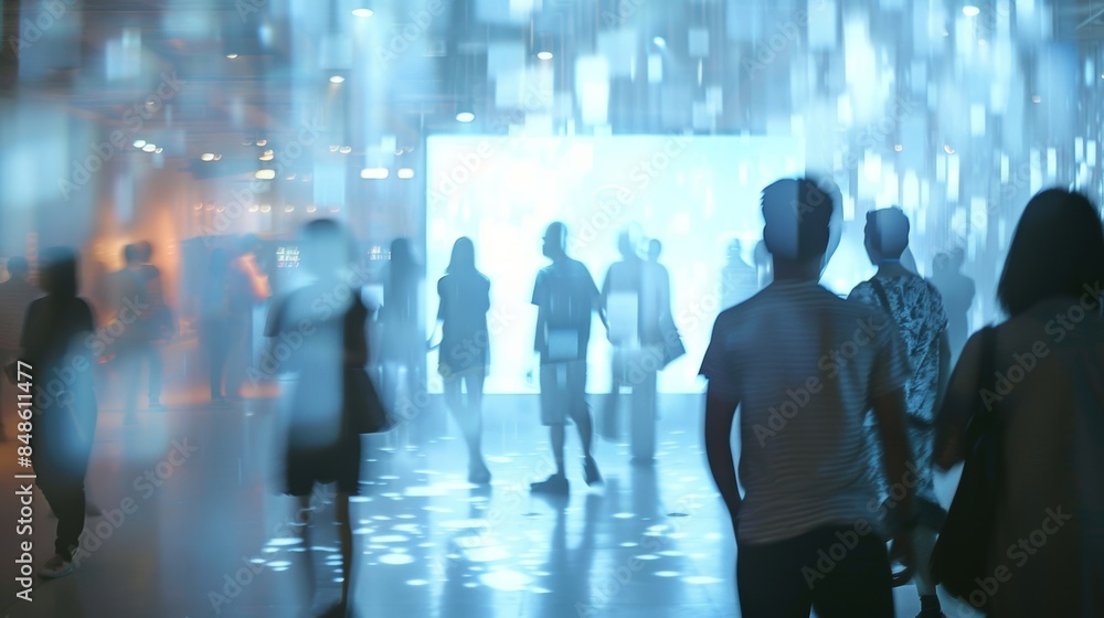 Poster defocused view of an interactive display surrounded by hazy observers in an art installation.