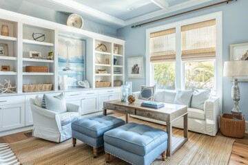 A study room with a coastal theme, featuring light colors and nautical decor