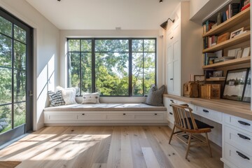 A study room with a large window seat, providing a comfortable reading space