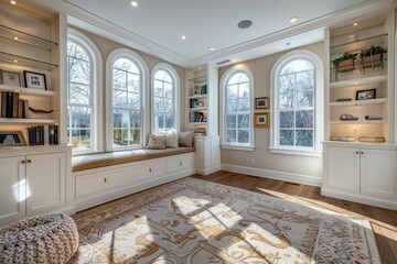 A study room with a large window seat, providing a comfortable reading space