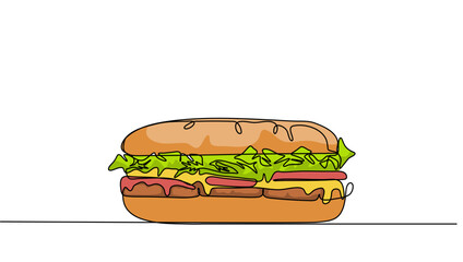 Continuous line art Long Burger with double beef and vegentable vector illustration colorful. Concept fast food, food, restaurant, food business