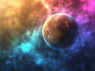 Obraz premium Photo of a distant planet with vibrant colors and stars in the background, creating a space scene