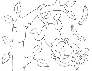 monkey with banana hanging on a tree, easy coloring page for kids or adults. you can print it on standard 8.5x11 inch paper