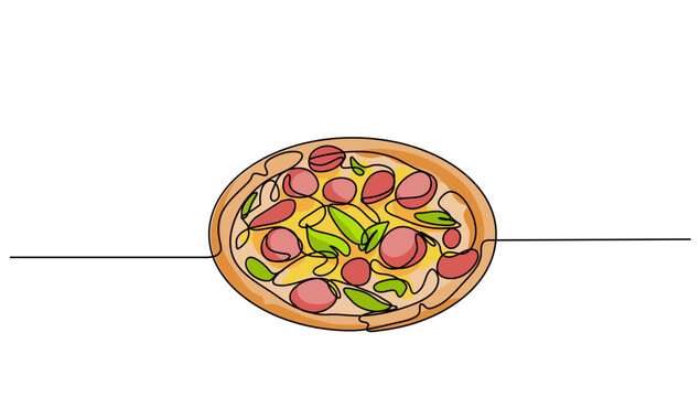 Continuous line art of pizza with melted cheese full topped for vector illustration colorful. Concept food, fast food illustration, street food, restaurants