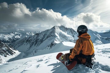 A snowboarder resting at the top of a mountain, preparing for the descent