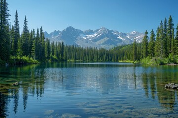 Serene Mountain Lake with Clear Water and Pine Trees Under a Bright Blue Sky in a Scenic Landscape