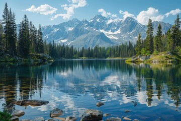 Serene Mountain Lake with Snow-Capped Peaks and Pine Forest Reflections Under a Clear Blue Sky