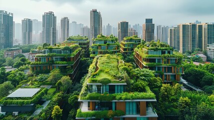Urban Greenery: Modern Sustainable Architecture with Lush Rooftop Gardens Amidst Cityscape