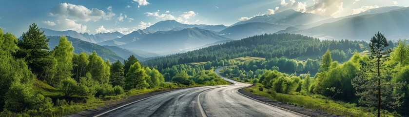Naklejka premium Serene Mountain Road with Lush Greenery and Majestic Peaks Under a Clear Blue Sky on a Sunny Day