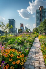 Fototapeta premium Urban Rooftop Garden with Vibrant Flowers and Modern Cityscape in the Background on a Sunny Day
