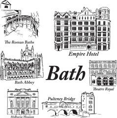 Bath English landmarks ink illustration. Roman Baths, Pulteney, Bath Abbey tourist attractions vector drawing. Europe old Roman, Victorian architecture places sketches. Black and white minimal style. 