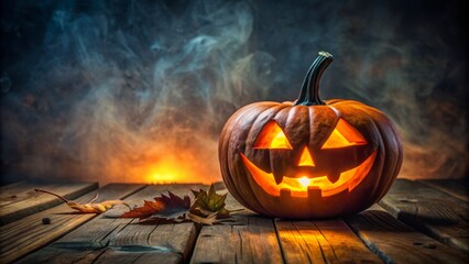Naklejka premium Eerie ambiance surrounds a solitary jack-o'-lantern on a wooden table, its glowing eyes amidst a carved sinister grin, against a dark ominous backdrop.