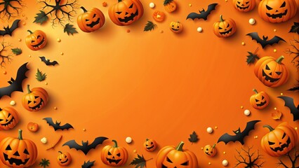 Vibrant orange background adorned with pumpkins, bats, and ghostly shapes, perfect for a spooky halloween party greeting card or invitation with ample copy space.