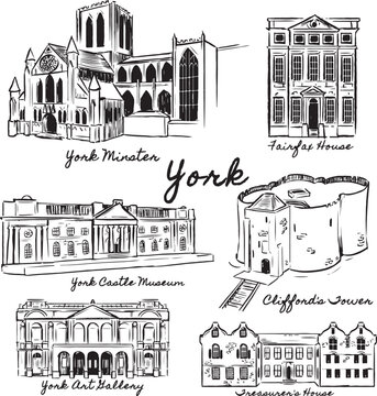 York tourist attractions ink illustrations. Famous historical spots in England sketches. York Minster, Museum, Fairfax house, art gallery vector drawings. Victorian, medieval, ancient architecture. 