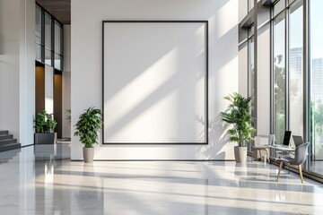 Fototapeta premium Mockup of blank wall with poster in office room created with Generative AI