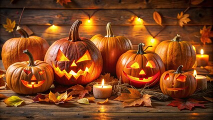 Vibrant orange carved halloween pumpkins with intricate designs and creepy faces sit arranged on a rustic wooden table amidst autumnal leaves and warm lighting.