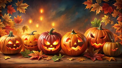 Spooky yet kid-friendly halloween illustration featuring carved jack-o-lanterns in vibrant autumnal hues with ample copy space in the middle for text or design.
