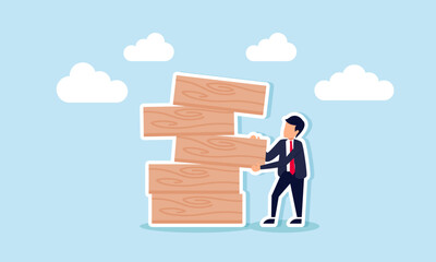 Investment risk comes from greedy choices; use careful, balanced strategies in uncertainty, concept of A businessman pulls a wooden block from a collapsing stack