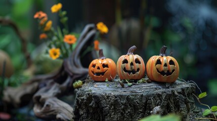 Small pumpkins from the garden are placed on a tree trunk base ready for Halloween