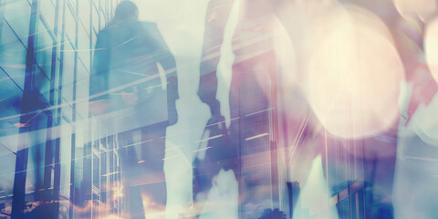 Silhouetted businesspeople against an abstract, blended cityscape backdrop, emphasizing modern urban life and corporate interaction.
