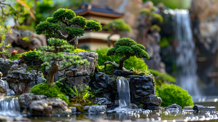 Naklejka premium Miniature garden, Japanese style with small bonsai and waterfall.