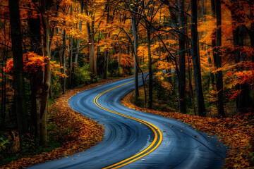 Fototapeta premium A Winding Road Through a Forest in Fall