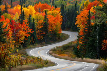 Obraz premium A Winding Road Through a Forest in Fall