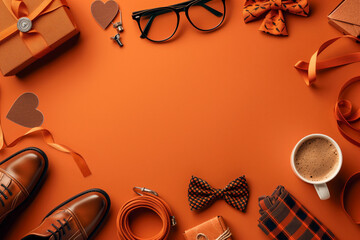 A Father’s Day setup with black-wrapped gifts, heart-decorated coffee, glasses, pen, and shoes on a orange, heart-studded surface.