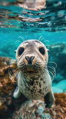 Close-up of a curious seal swimming in clear blue water with vibrant marine background, showcasing the beauty of ocean wildlife and underwater exploration
