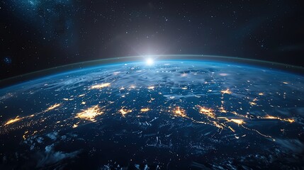 Fototapeta premium A digitally rendered image of the Earth at night showcasing a glowing network of connections and lights across continents on a dark background