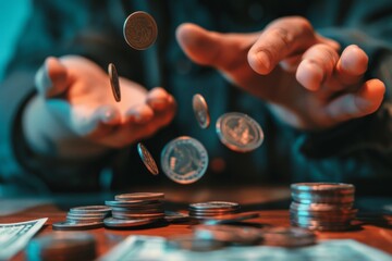 Person juggling coins and bills skillfully balancing cash flow management concept
