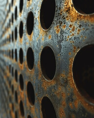 Abstract close-up of perforated metal surface with circular holes, showcasing industrial texture and perspective