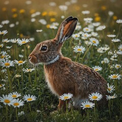 Fototapeta premium A tranquil scene of a hare resting in a field of daisies.